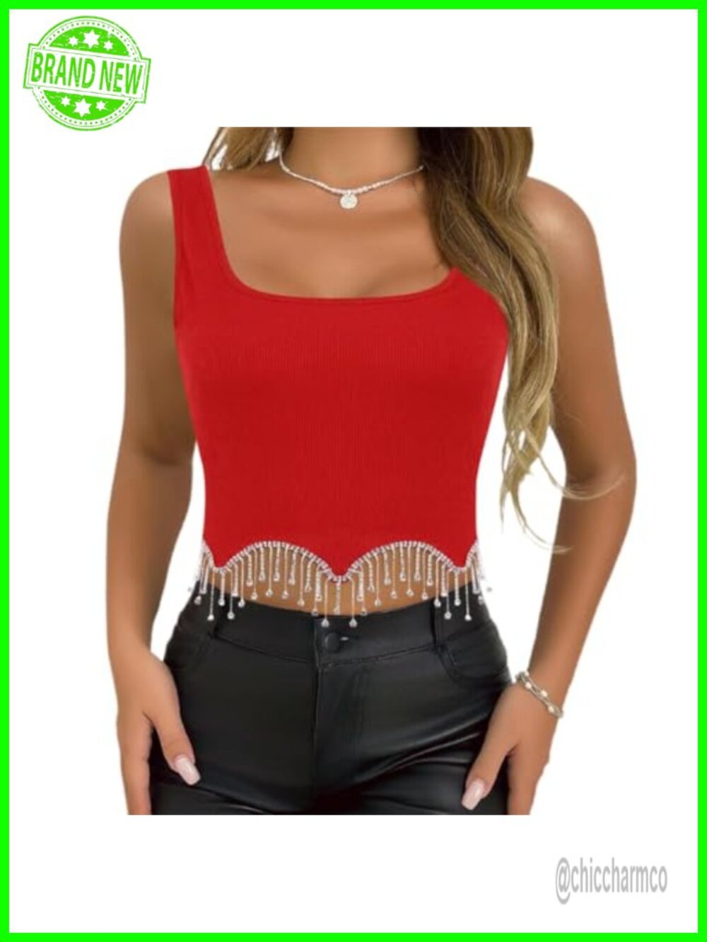 Rhinestone Tassel Crop Top Sleeveless Scoop Neck Ribbed Knit Cami